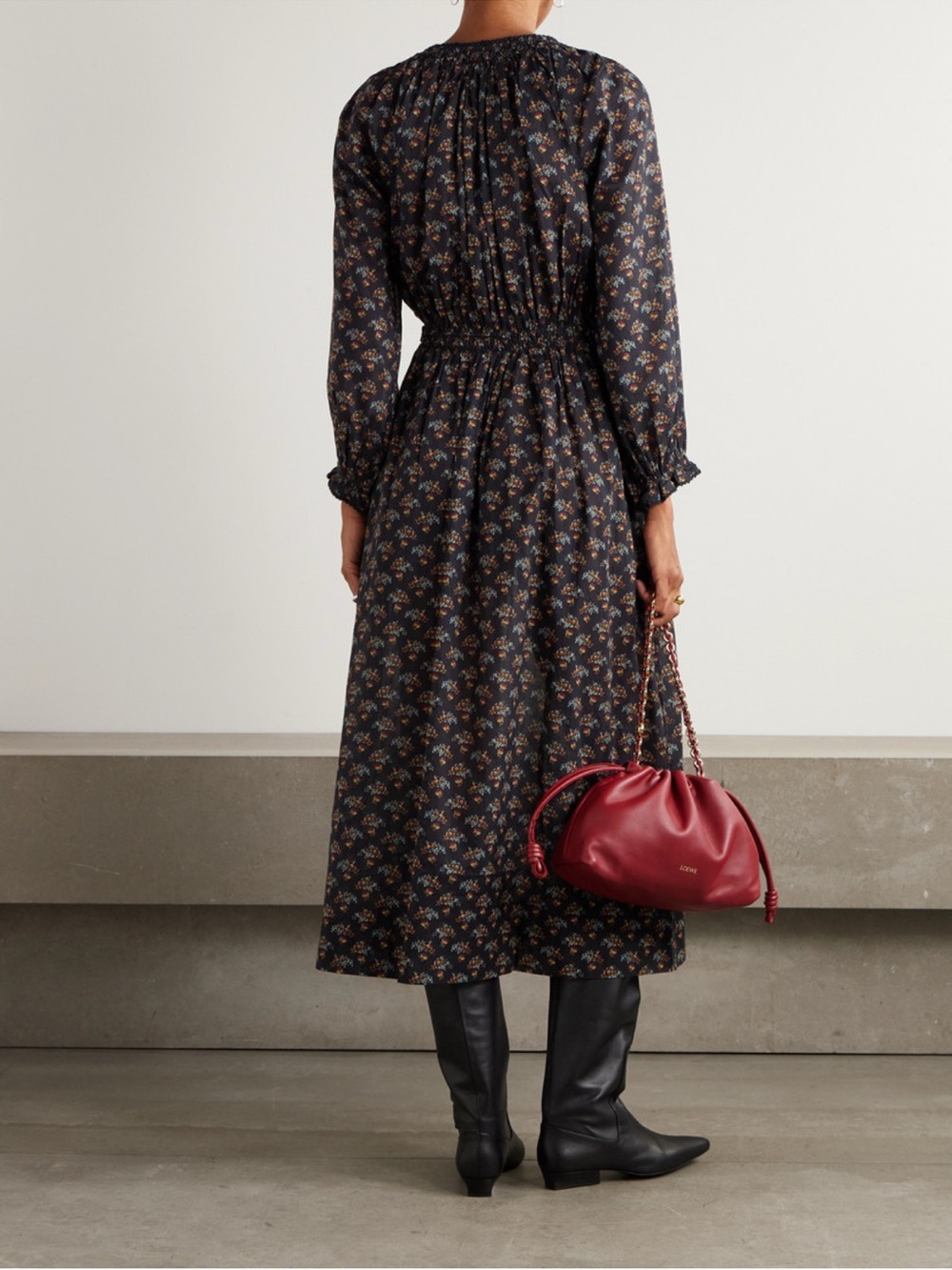 DOEN Smocked Waist Floral Midi Dress in Black - Picture 3 of 4